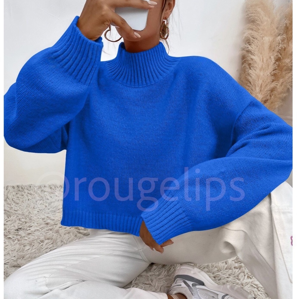 Blue Turtleneck Oversized Pullover Knit Sweater Drop Shoulder